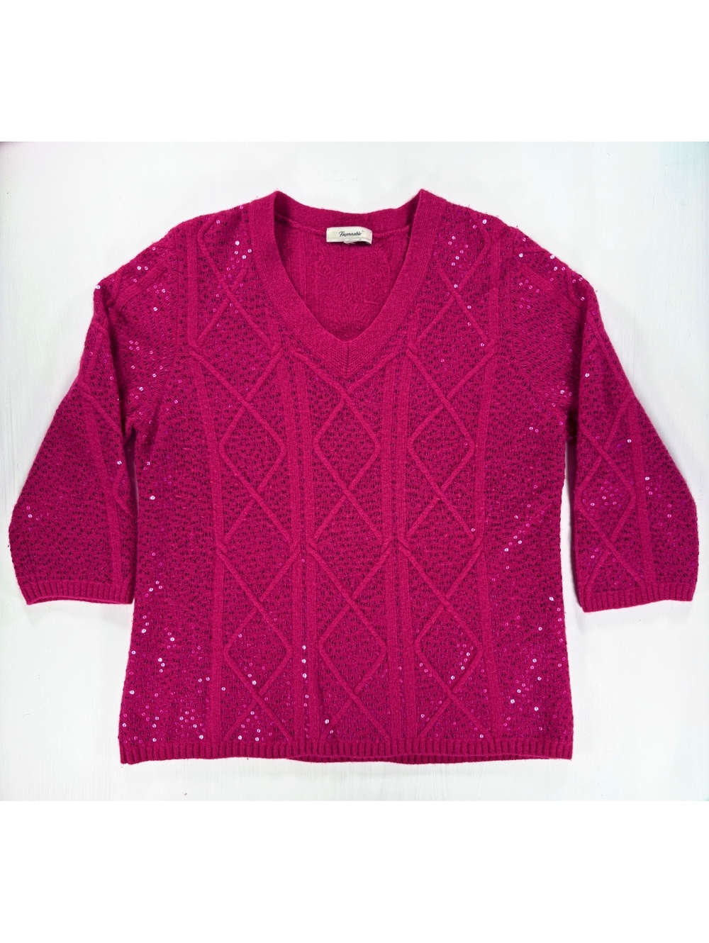Façonnable Fuchsia Sequin Cable Knit V-Neck Sweater